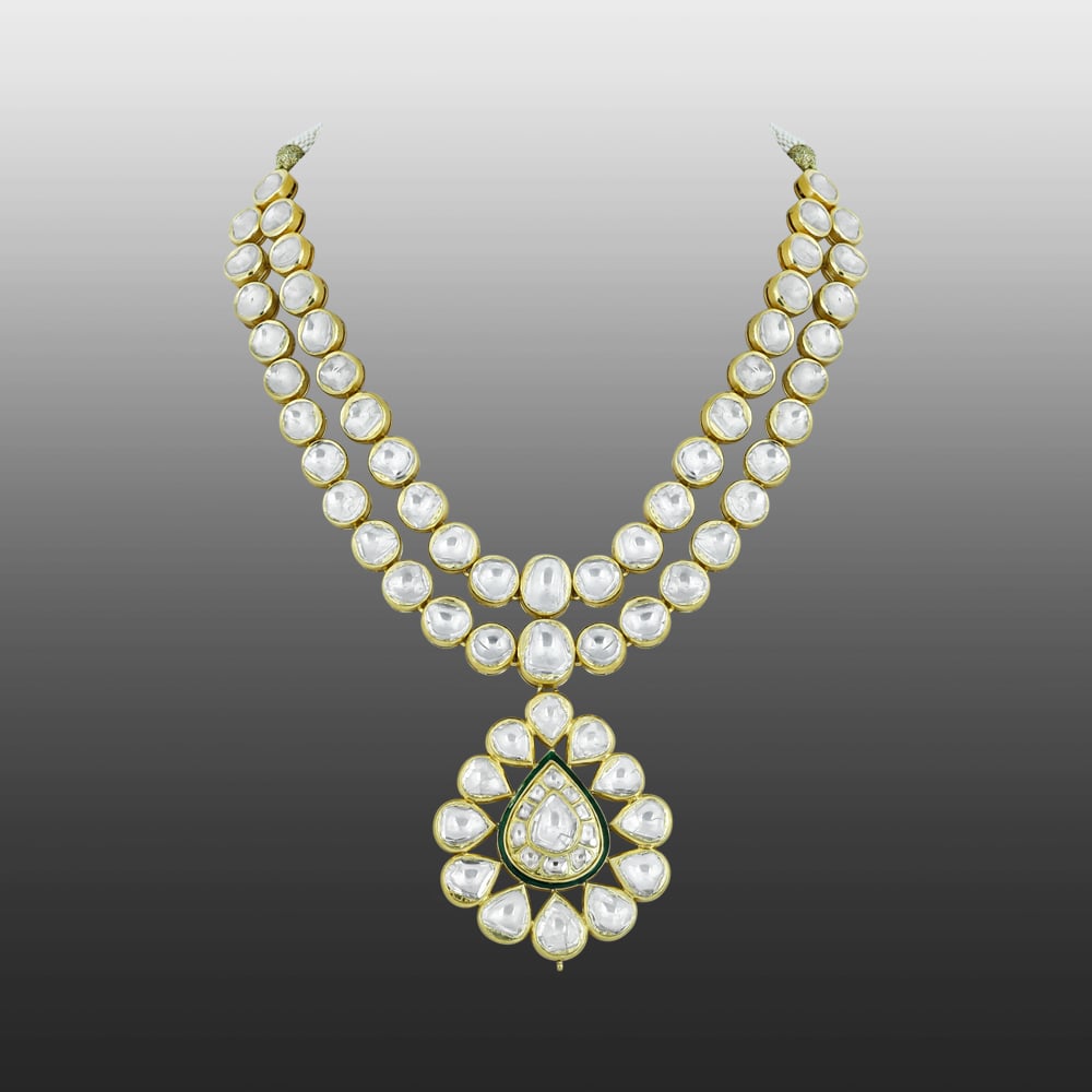 Double-Layer Polki Necklace with Floral Pendant